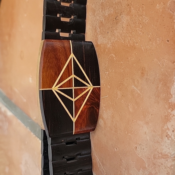 Solid wood belt with buckle geometric art inlayed wood designer belt rare item - Picture 9 of 9